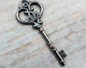 Large Skeleton Key 20 Victorian Steampunk Vintage Style Wedding 82mm/3.25" Gunmetal Black Dark Silver Pendant Ornate Rustic Bulk Lot Set