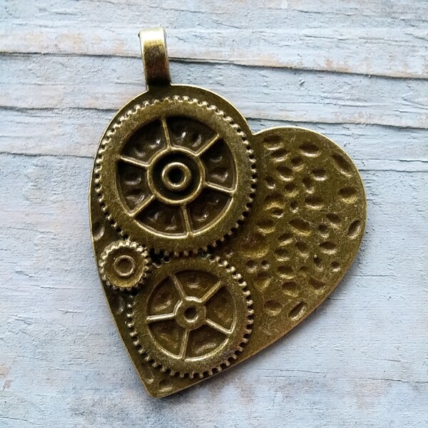 Heart Pendant 1 Steampunk Pendant with Gears Large Mechanical Look Rustic Bronze 50mm/2" DIY Jewelry Making Craft Supply