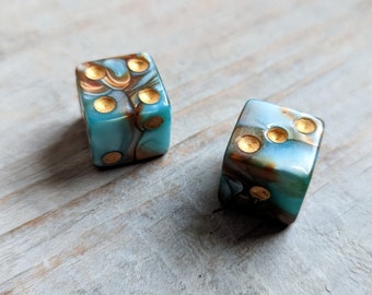 Blue and Brown Dice with Gold Pips 2 Marbled Swirl Design Standard Size 16mm Squared Corners Six Sided 2 Die