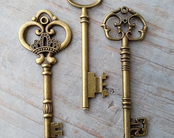 Large Skeleton Keys 3 Assorted Mix Antiqued Bronze Rustic Pendants steampunk vintage old style bulk lot wedding size 3.15 - 3.25 inch