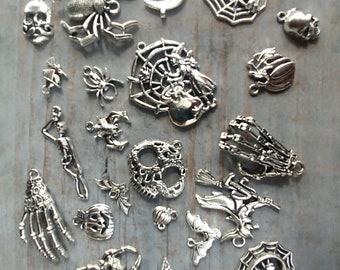 Halloween Charms 20 Random Assorted Silver Mixed Spooky Pendants Findings Set Bulk Lot