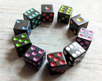 Black Dice with Multicolor Pips 10 Die 10 Different Assorted Colors 16mm Standard Size Square Corners Six Sided D6