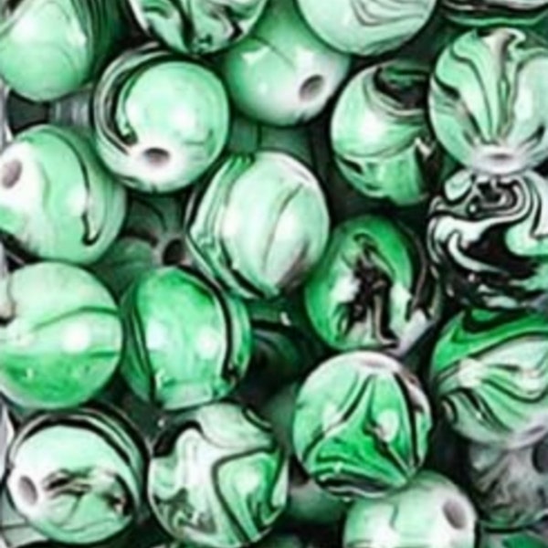 Ink Swirl Green Black and White Marble Pattern Acrylic Round Beads Craft Bulk Lot 20 pc Set 8mm/0.3" Beading