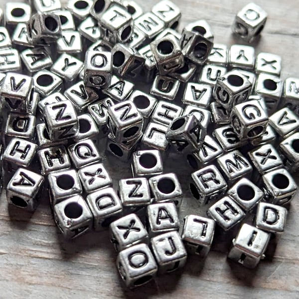 Letter Cube Beads Bulk 100 Silver Metal Cubes Black Letters Bulk Lot 6mm Spelling