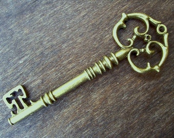 Large antiqued bronze skeleton key steampunk vintage style rustic wedding big pendant 3.25 inch wholesale 1 pc