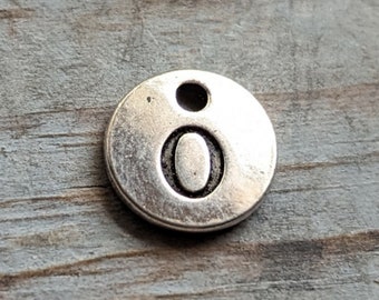 O Letter Charm Stamped Round Circle Pendant Antiqued Rustic Silver with Black Letter 12mm/0.5" 1pc Round Initial Vintage Look