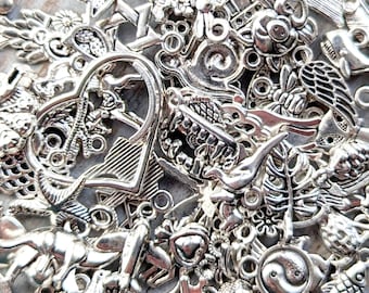 Assorted Charms Rustic Silver 50 pcs Mixed Random Jewelry Pendants Findings Set Bulk Lot