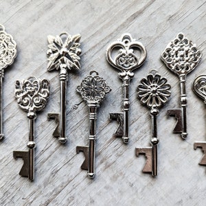 Large Skeleton Keys Bottle Opener 8 Rustic Antiqued Silver Gunmetal 3 inch Wedding Favors Ornate Assortment Vintage Look