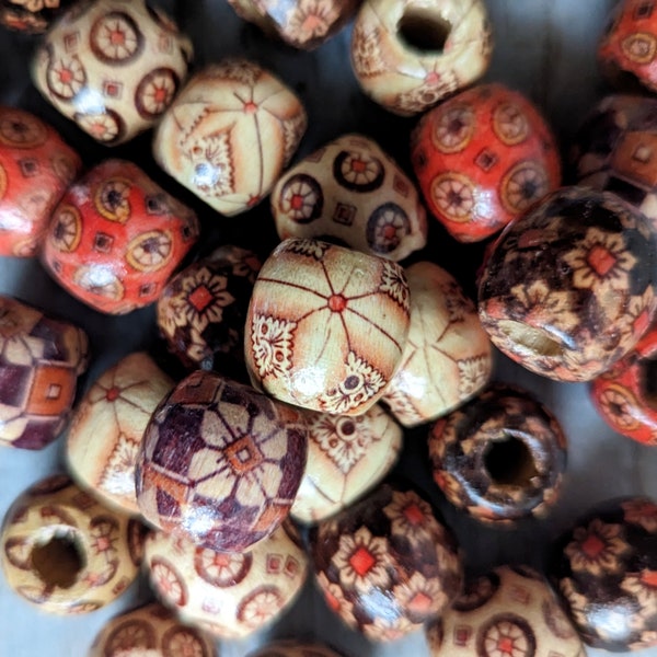 Assorted Wood Beads Large 18mm Printed Macrame Craft Bulk Mix Patterns Lot 20 pc Set Large Hole