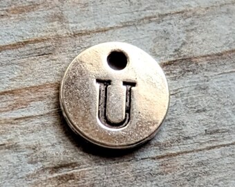 U Letter Charm Stamped Round Circle Pendant Antiqued Rustic Silver with Black Letter 12mm/0.5" 1pc Round Initial