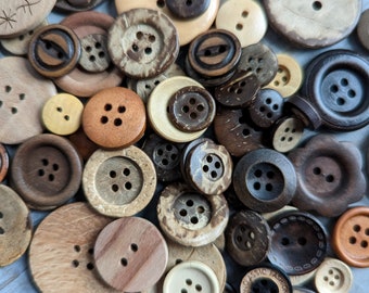 Assorted Wood Buttons Mixed Colors and Sizes Wooden Steampunk Vintage Look Craft Supply Bulk Lot 50 pc Set