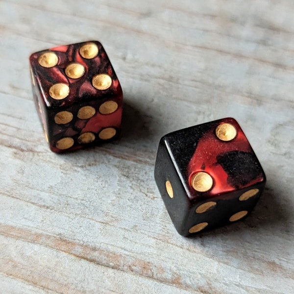 Black and Red Dice with Gold Pips 2 Marbled Swirl Design Standard Size 16mm Squared Corners Six Sided 2 Die