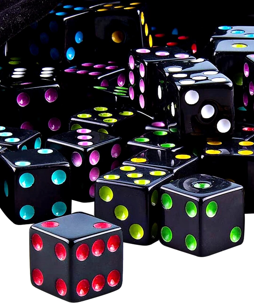Black Dice With Multicolor Pips 5 Die 5 Different Assorted Colors 16mm