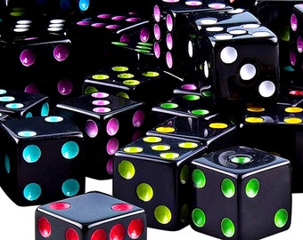 Black Dice with Multicolor Pips 5 Die 5 Different Assorted Colors 16mm Standard Size Square Corners Six Sided