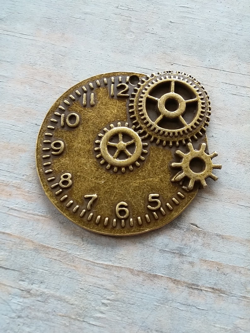 Clock Pendant Gear Charm Clock Charm Steampunk Clock with Gears Pendant Time Pendant Clock Face Antiqued Bronze 50mm2 1 pc