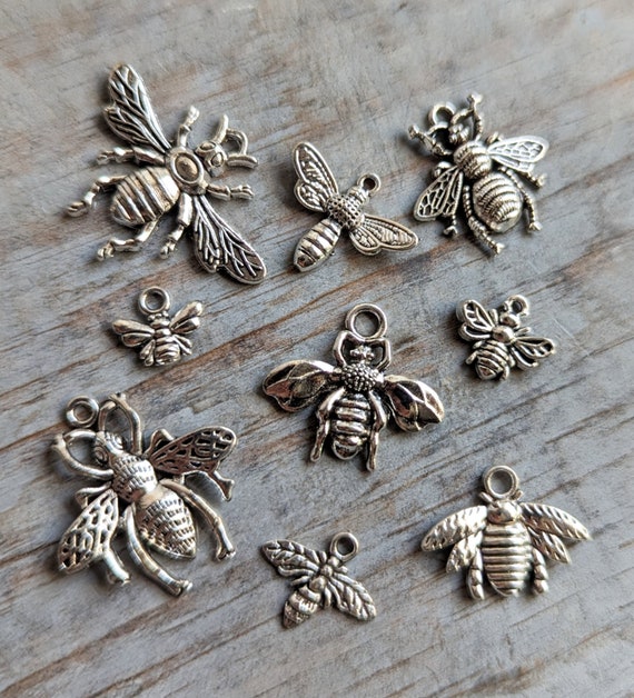 Assorted Honey Bee Charms 9 Mixed Pendants Connectors Antiqued Silver Nature Insect Flying Bulk Lot Set DIY Craft Supply Bulk Lot 9 Pc Set Etsy