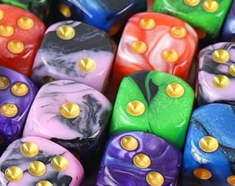 5 Marbled Dice with Gold Pips 5 Assorted Colors 16mm Standard Size Rounded Corners Six Sided 5 pc Die