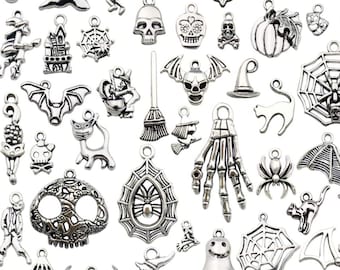 Halloween Charms 10 Assorted Antiqued Silver Mixed Spooky Random Pendants Findings Set Bulk Lot
