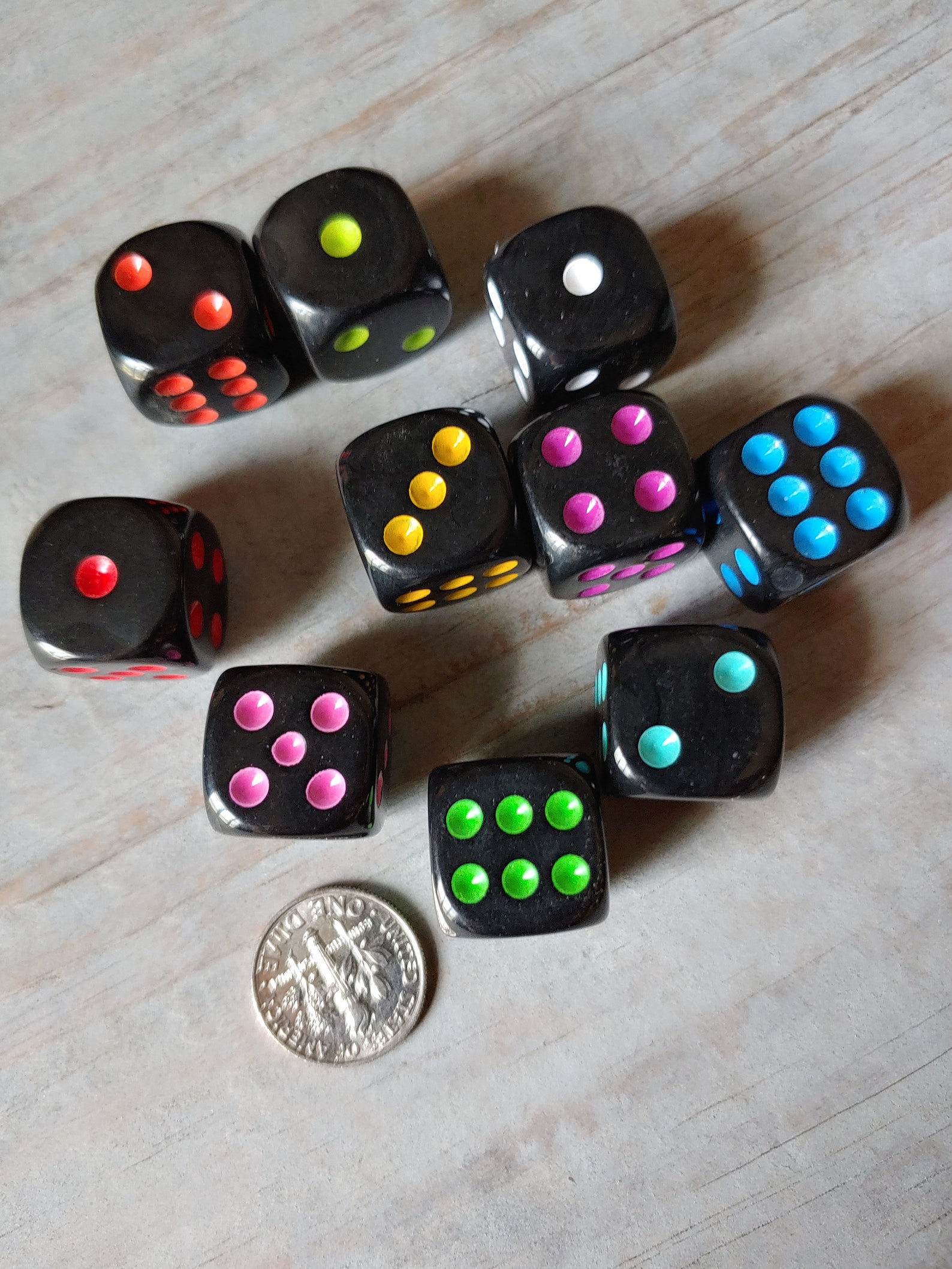 Black Dice With Multicolor Pips 10 Die 10 Different Assorted Etsy