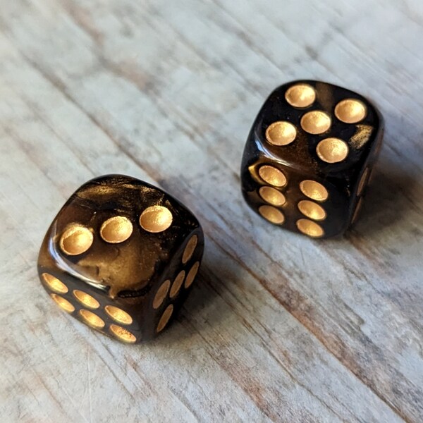 2 Gold and Black Marbled Dice with Gold Pips 16mm Standard Size Rounded Corners Six Sided Die