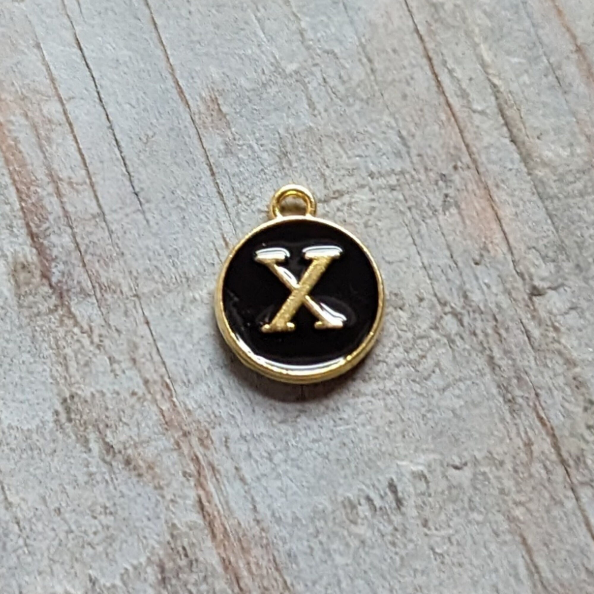 X Letter Charm Pendant Black Enamel with Gold Letter 12mm/0.5" 1pc Round Initial