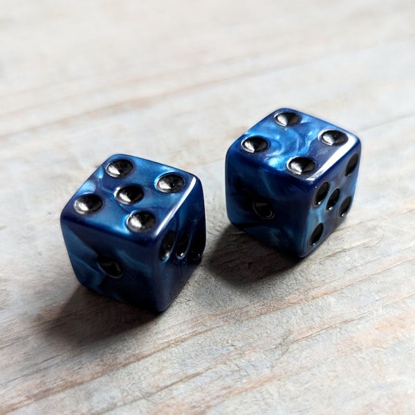 Blue Dice with Black Pips 2 Marbled Swirl Design Standard Size 16mm Squared Corners Six Sided 2 Die