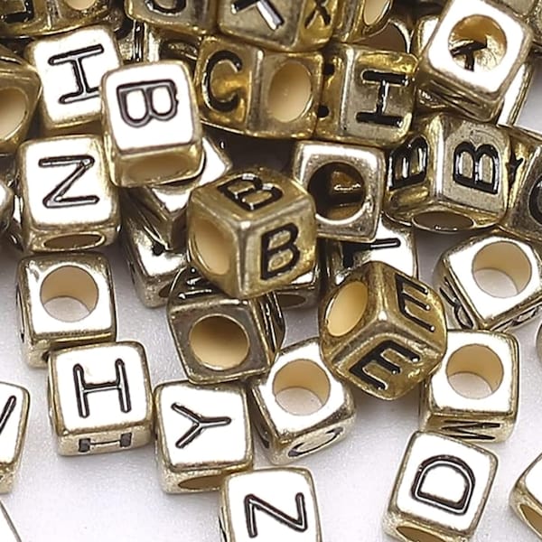 Letter Beads Bulk 100 Gold Metal Cubes Black Letters Bulk Lot 6mm Spelling Metallic Finish