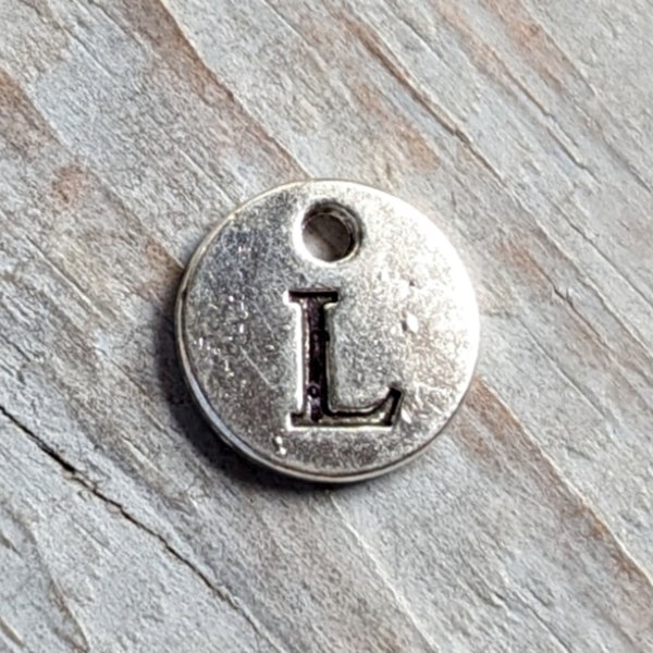 L Letter Charm Stamped Round Circle Pendant Antiqued Rustic Silver with Black Letter 12mm/0.5" 1pc Round Initial Vintage Look