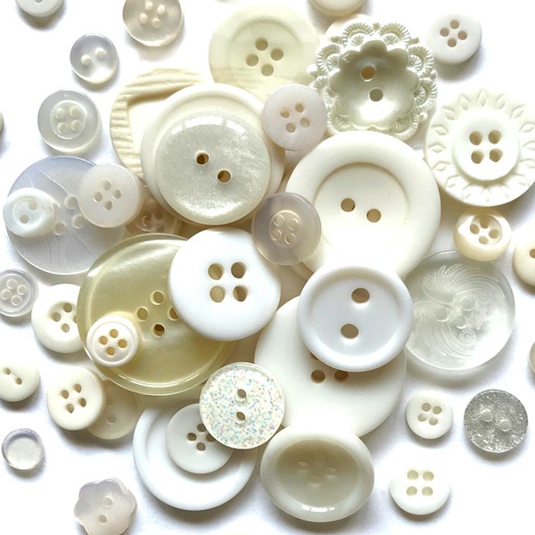 Assorted Buttons Mixed White Colors and Sizes Resin Craft Supply Bulk Lot 50 pcs
