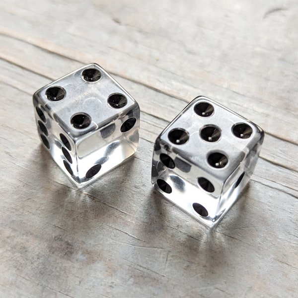 Clear Transparent Dice with Black Pips 16mm Standard Size Squared Corners Six Sided Translucent See Through 2pcs