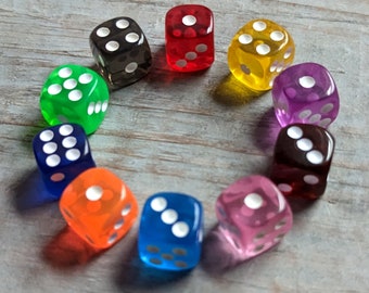 Multicolor Dice with White Pips 10 Die 10 Different Assorted Colors 16mm Standard Rounded Corners Six Sided Translucent Colorful See Thru