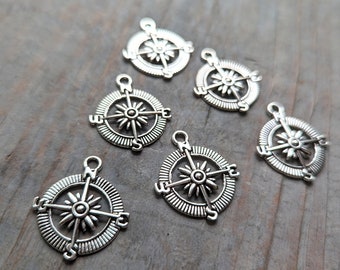 Compass Pendentifs Antiqued Argent Nautique Voile Pirate Steampunk Charmes Bulk Lot 10 pc Set