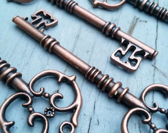 Skeleton Keys Bulk 4 Large 3.25" Steampunk Keys Wedding Bulk Lot 4 pc Set Rustic Copper Antiqued Copper Ornate