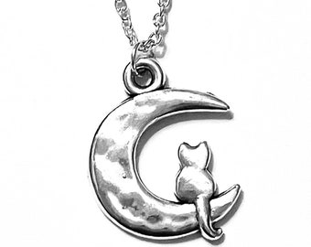 Cat on Moon Pendant Necklace: Sterling Silver Plated Chain