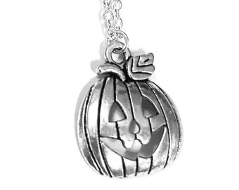 Silver Jack-o-Lantern Pumpkin Necklace on 18” .925 Sterling Silver Plated Chain, Pumpkin Necklace, Halloween Necklace, Jackolantern Necklace