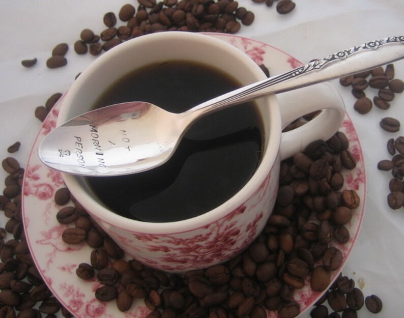 Gift for Her Coffee Lovers Not a Morning Person with Skull and Crossbones Gift for Him Upcycled Silverplate Hand Stamped Teaspoon