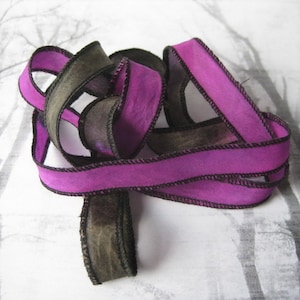 1 Silk Painted Ribbon Hand Painted or Dyed, Black Magenta Fairy Ribbon, DIY wrap bracelet, Silk Bracelet, Ribbon Wrap, Silk Ribbon Pendant