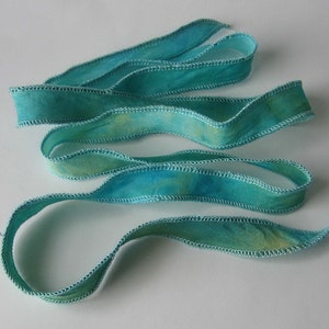 1 Hand Painted Silk Ribbons - Aqua Lime  Fairy Ribbon, DIY wrap bracelet, Silk Bracelet, Ribbon Wrap, Dyed Ribbon, Tie On Bracelet, Handmade