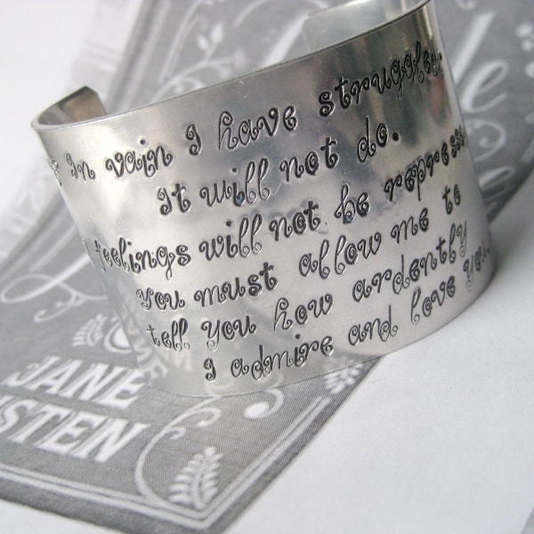 Pride and Prejudice Metal Stamped Wide Cuff Aluminum Bracelet - Mr. Darcy's Proposal - Jane Austen - Gift for Her, Austen Lover Gift