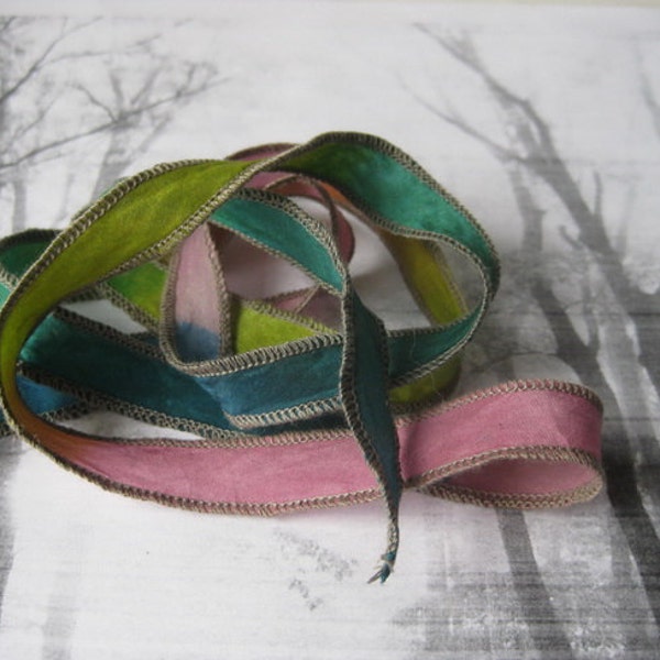 5 Hand Dyed Painted Habotai Silk Wrap Bracelet - Sherbert Pink, Clover, Stream and Citrus- Fairy Ribbon - DIY Bracelet - Silk Ribbon Supply