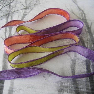 1 Silk Wrap Bracelets- Hand Painted or Dyed - orange lime purple - Silk Fairy Ribbon DIY wrap bracelet Silk Bracelet Ribbon Bracelet Pendant