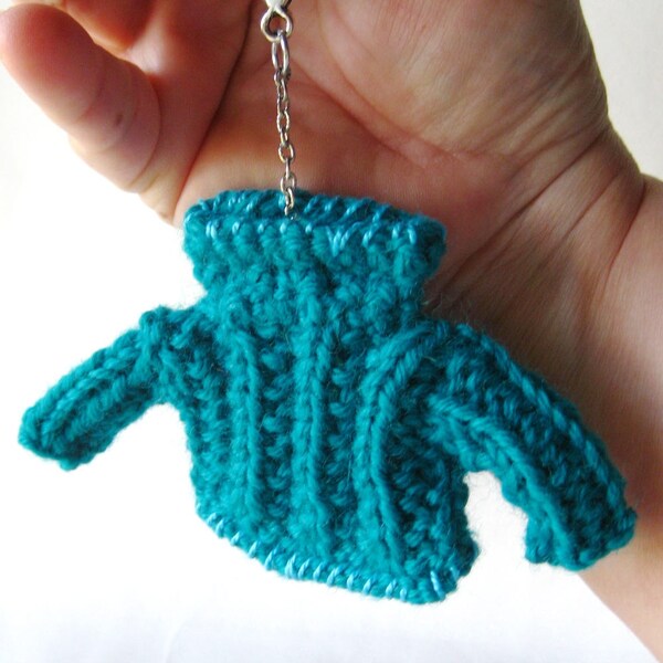 Teal Little Knit Sweater Key Chain, Handmade Tiny Knitted Pullover, Small Jumper, Purse Accessory, Key fob, Handknit accessory, LAST ONE