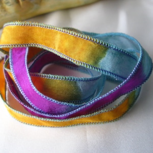 1 Hand Dyed Painted Ribbon Wrap Bracelets - aqua thistle yellow - Silk Fairy Ribbon DIY wrap bracelet Silk Bracelet  Ribbon Bracelet Pendant