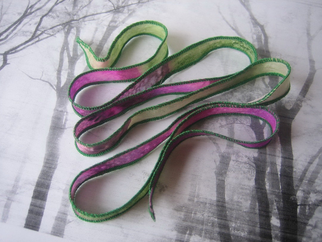 5 Hand Dyed Painted Silk Wrap Ribbons Green Purple Wine Silk Fairy ...