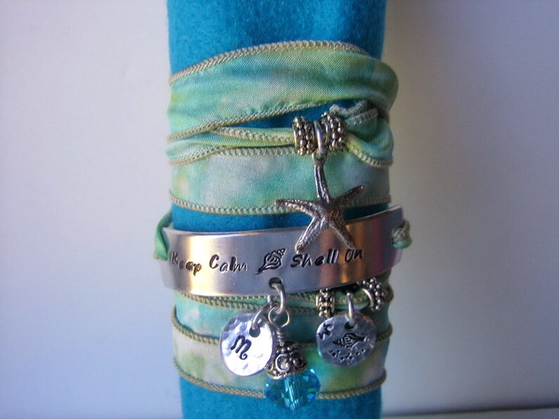 Keep Calm Shell On Silk Ribbon Bracelet Hand Stamped Beach Etsy