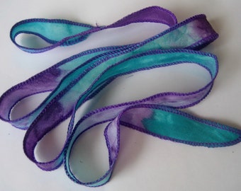 5 Aqua and Purple, Hand Dyed, Painted Habotai, Silk Wrap Bracelet, Fairy Ribbon, DIY wrap bracelet, Silk Bracelet, Ribbon Wrap, Silk Ribbon