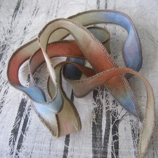 5 - Silk Wrap Bracelets, hand painted or dyed - lake mist rust blue - Silk Fairy Ribbon DIY wrap bracelet Silk Bracelet  Ribbon Bracelet