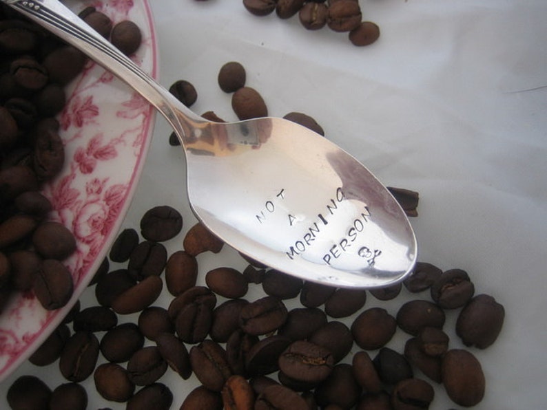 Gift for Her Coffee Lovers Not a Morning Person with Skull and Crossbones Gift for Him Upcycled Silverplate Hand Stamped Teaspoon