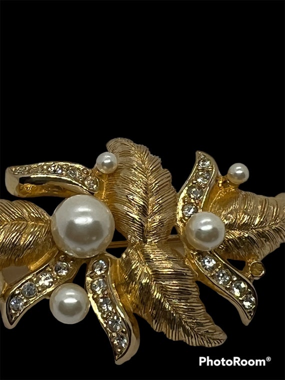 CHR Dior Signed Gold Tone Brooch Faux Pearls - image 2