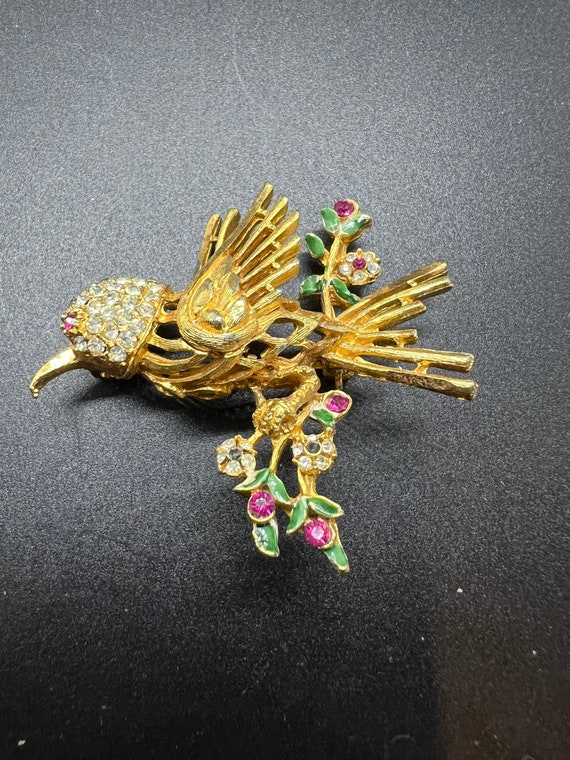 BSK Gold tone Bird Flower Brooch - image 4